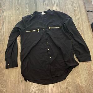 Calvin Klein Button-Up Blouse Long Sleeves Gold Zip Front Pockets Black Size M